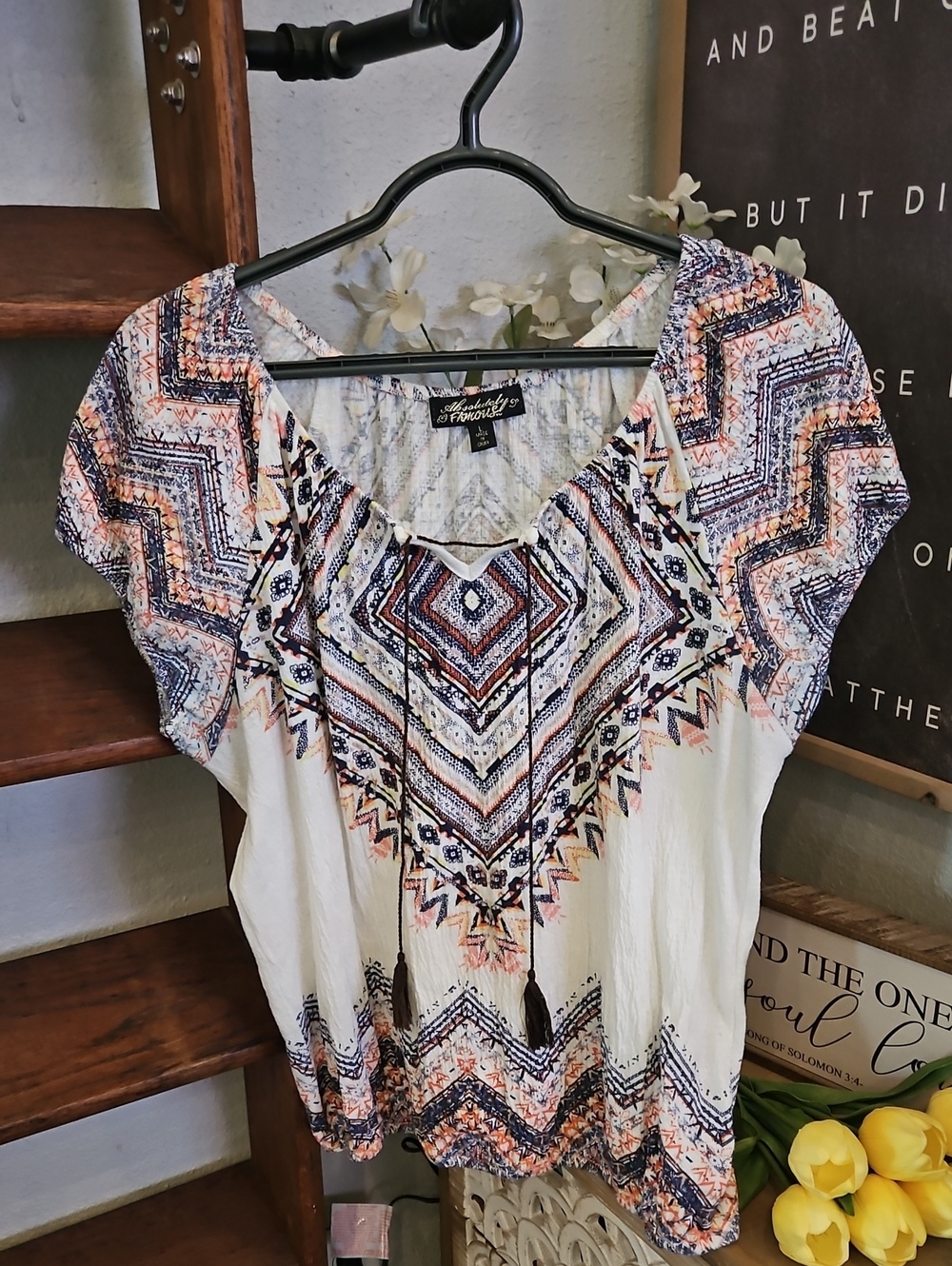Boho Peasant Top - White with Navy & Coral